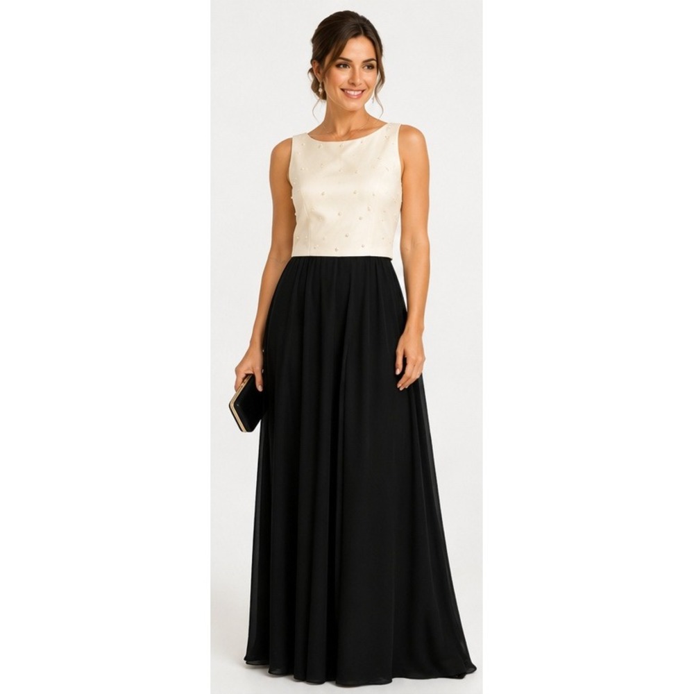 ARIANNA BY RACHEL KAYE Pearl Embellished Ivory Black Formal Maxi Dress Size 8
